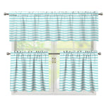 White And Cyan Striped Pattern Print 3 Piece Kitchen Curtains