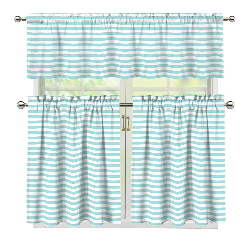 White And Cyan Striped Pattern Print 3 Piece Kitchen Curtains