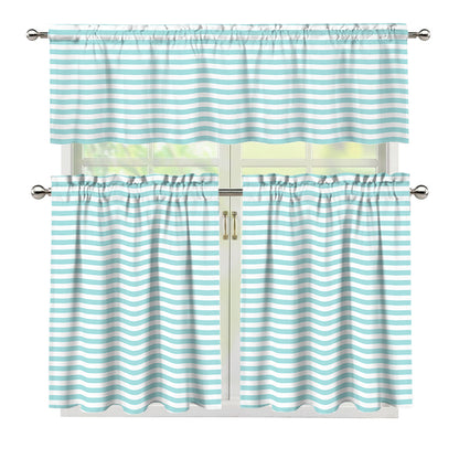 White And Cyan Striped Pattern Print 3 Piece Kitchen Curtains