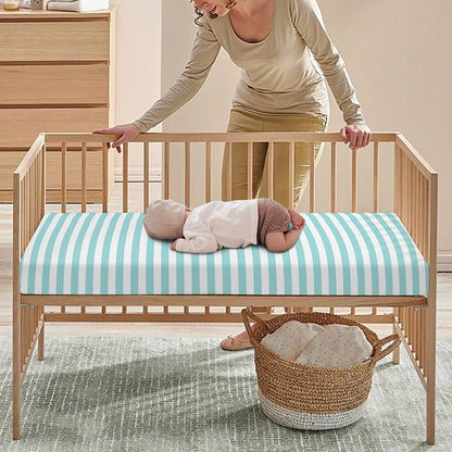 White And Cyan Striped Pattern Print Baby Crib Sheet