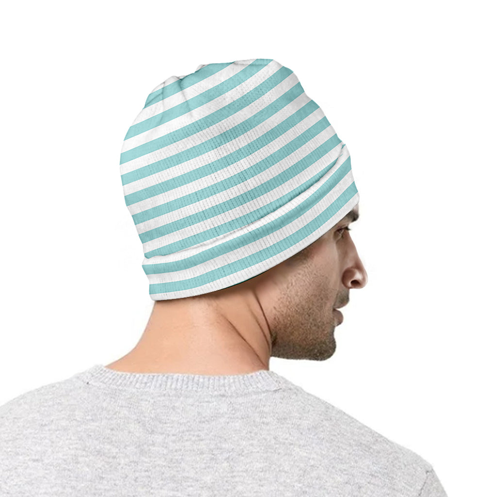 White And Cyan Striped Pattern Print Beanie