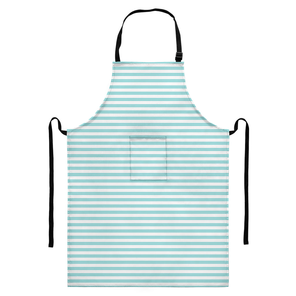 White And Cyan Striped Pattern Print Bib Apron With Pocket