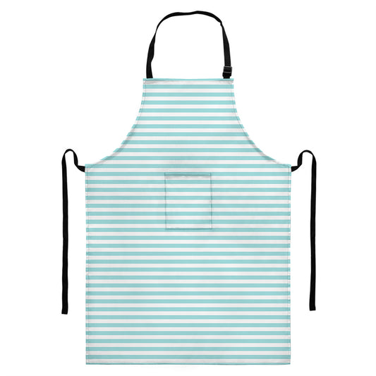 White And Cyan Striped Pattern Print Bib Apron With Pocket