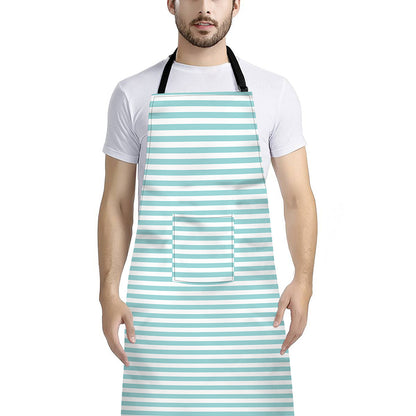 White And Cyan Striped Pattern Print Bib Apron With Pocket
