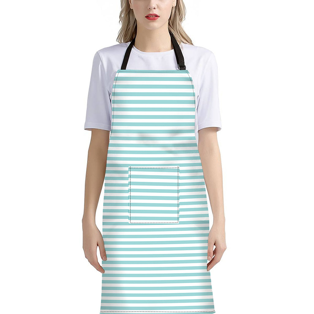 White And Cyan Striped Pattern Print Bib Apron With Pocket