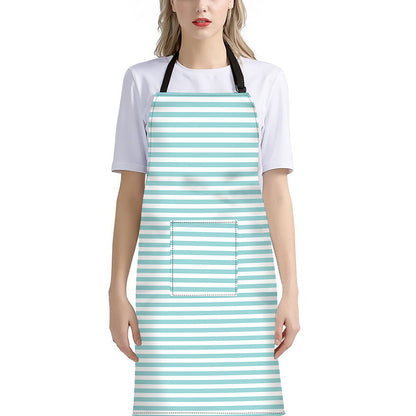 White And Cyan Striped Pattern Print Bib Apron With Pocket