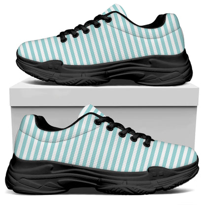 White And Cyan Striped Pattern Print Black Chunky Shoes