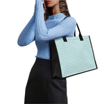 White And Cyan Striped Pattern Print Canvas Tote Bag