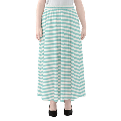 White And Cyan Striped Pattern Print Chiffon Maxi Skirt