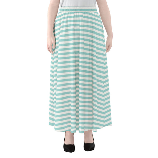 White And Cyan Striped Pattern Print Chiffon Maxi Skirt