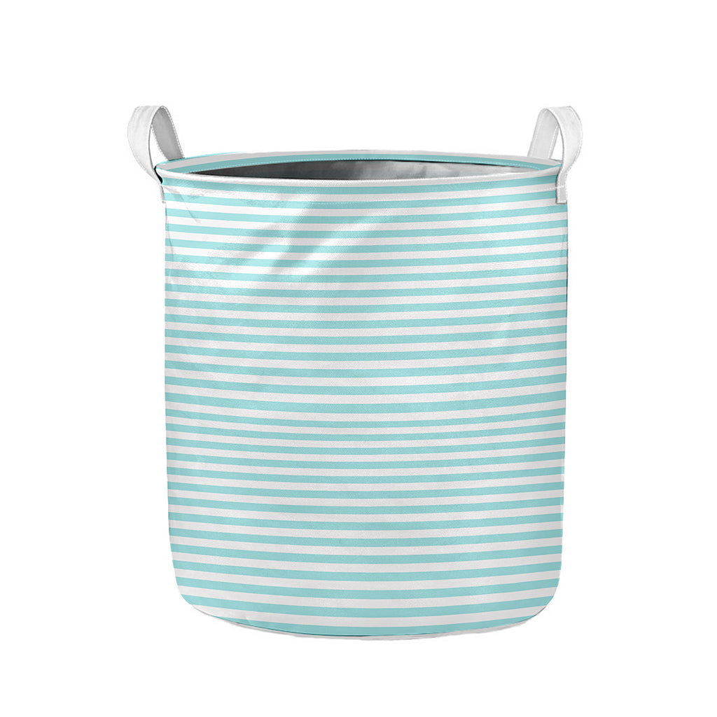 White And Cyan Striped Pattern Print Collapsible Laundry Basket
