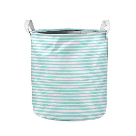 White And Cyan Striped Pattern Print Collapsible Laundry Basket