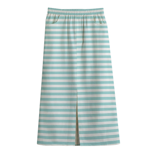 White And Cyan Striped Pattern Print Cotton Front Slit Maxi Skirt