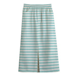 White And Cyan Striped Pattern Print Cotton Front Slit Maxi Skirt