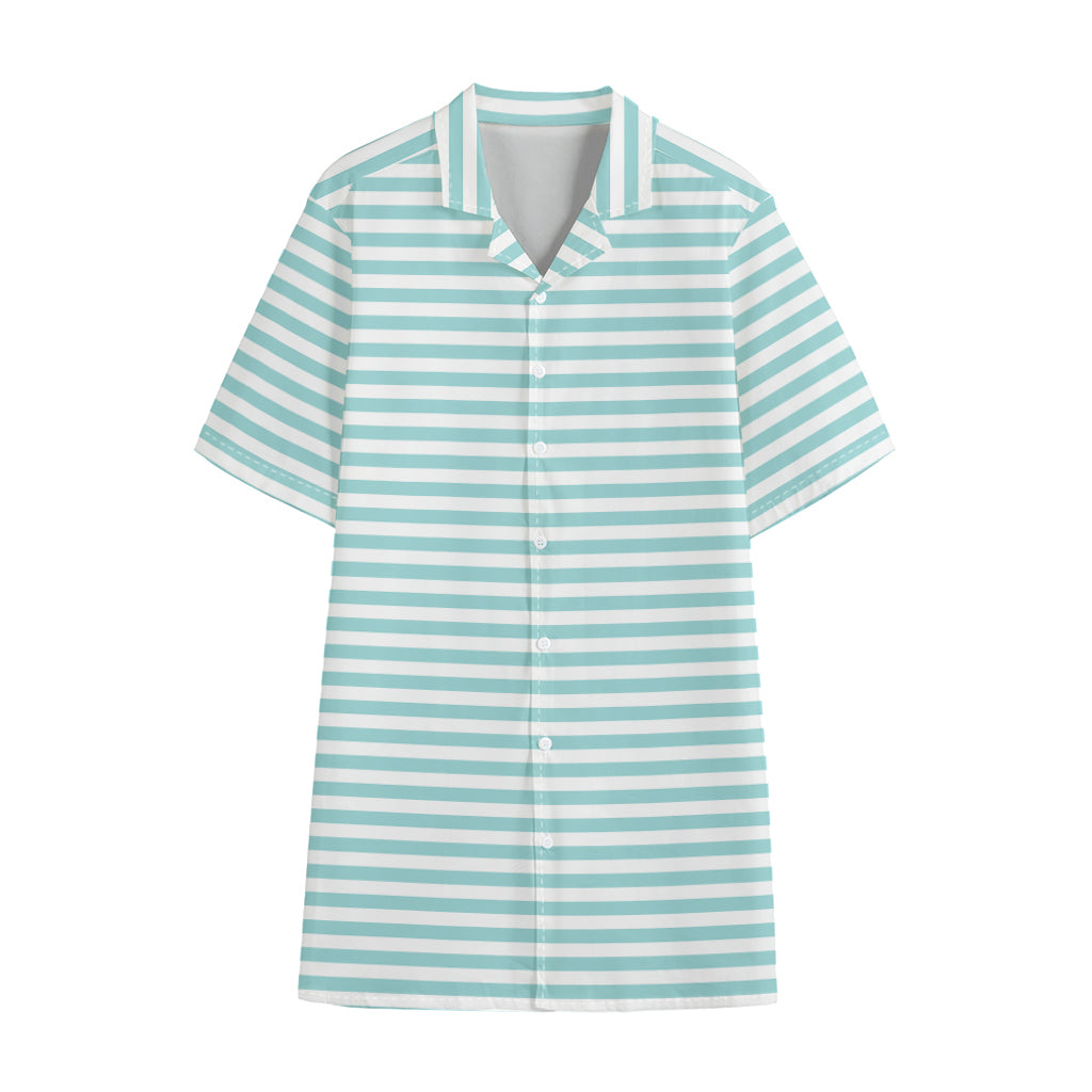 White And Cyan Striped Pattern Print Cotton Hawaiian Shirt