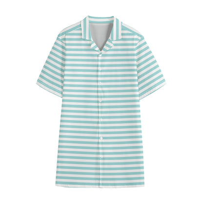 White And Cyan Striped Pattern Print Cotton Hawaiian Shirt