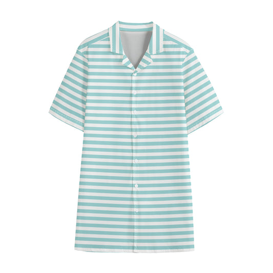 White And Cyan Striped Pattern Print Cotton Hawaiian Shirt