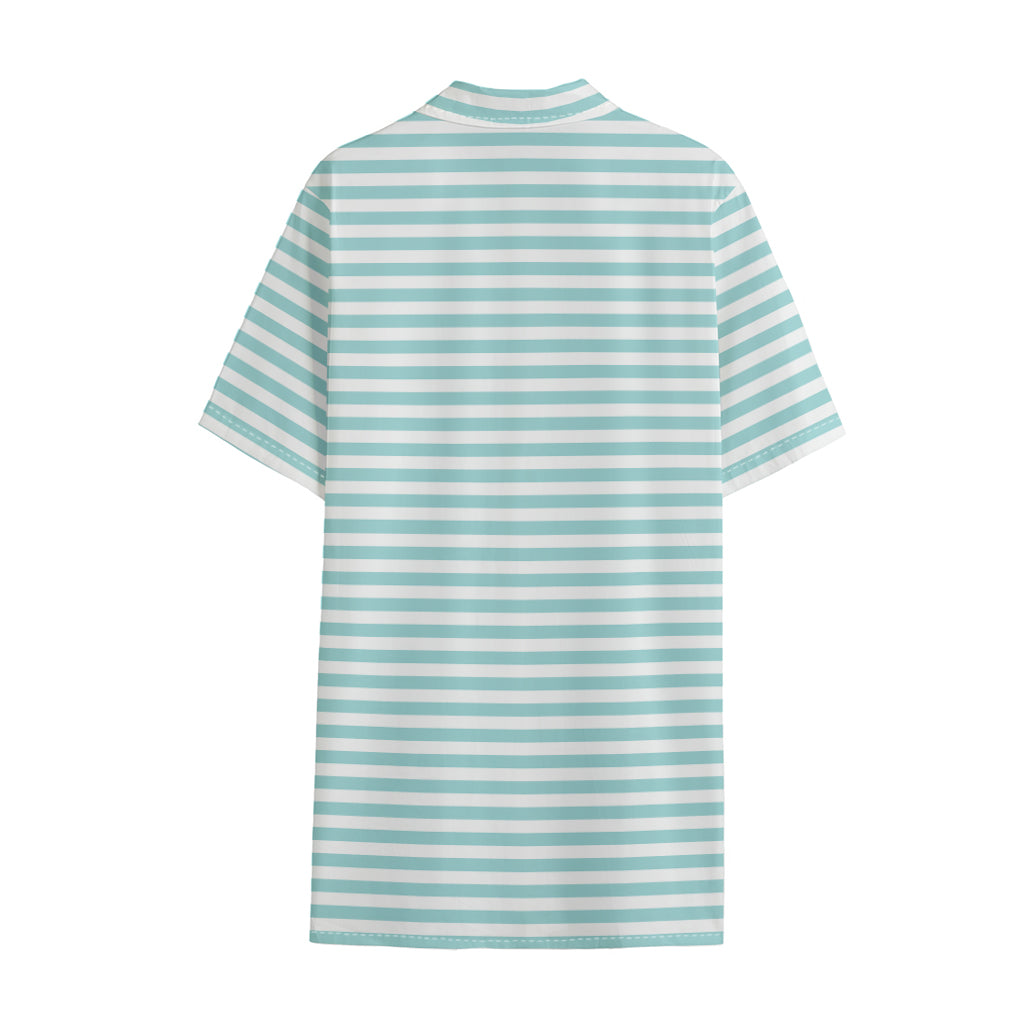 White And Cyan Striped Pattern Print Cotton Hawaiian Shirt