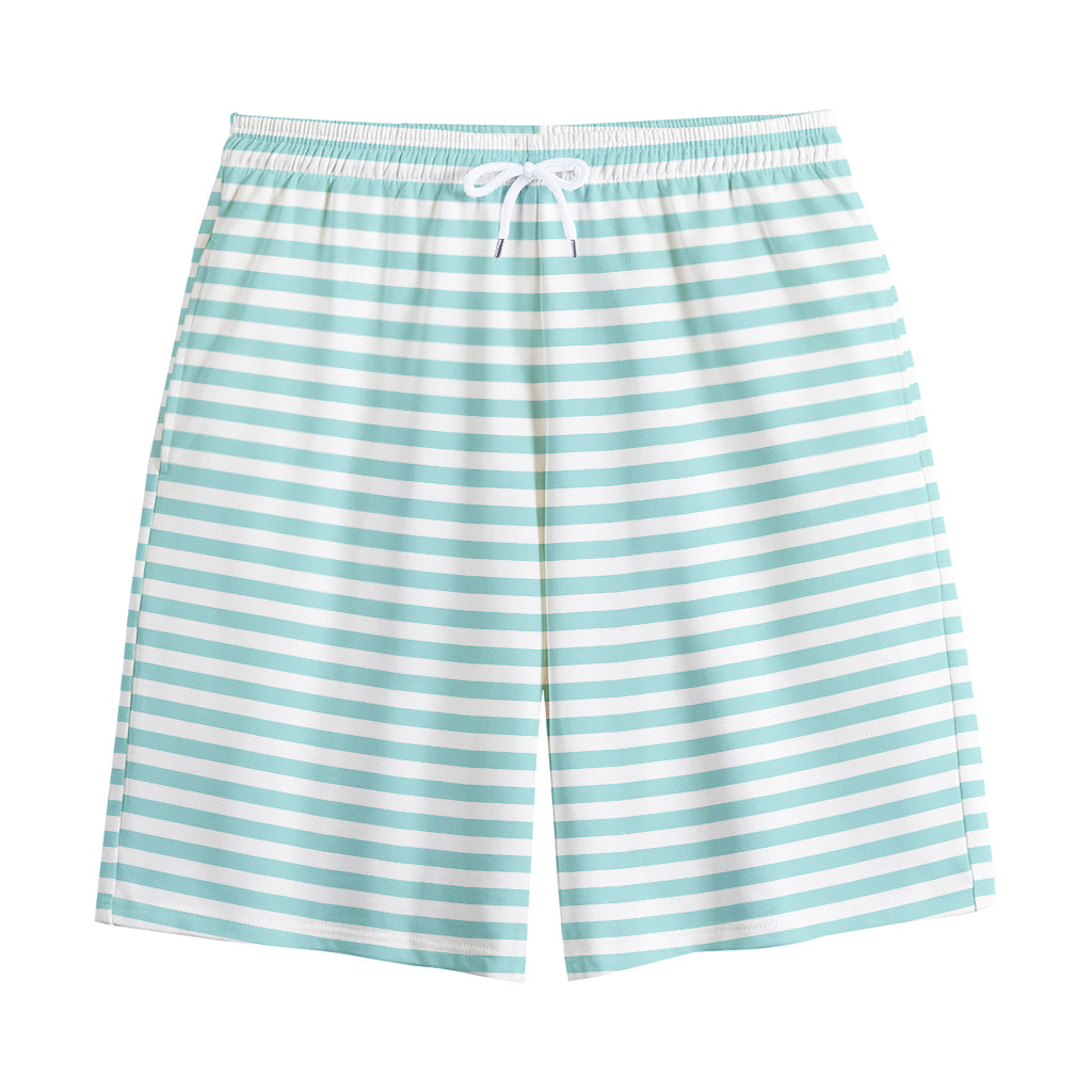 White And Cyan Striped Pattern Print Cotton Shorts