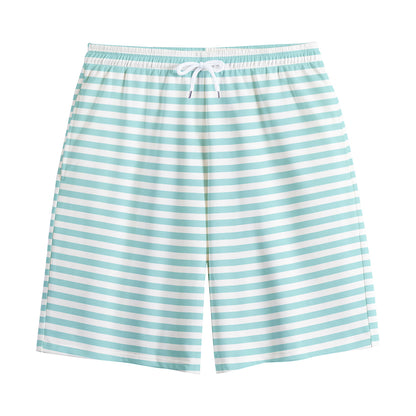 White And Cyan Striped Pattern Print Cotton Shorts