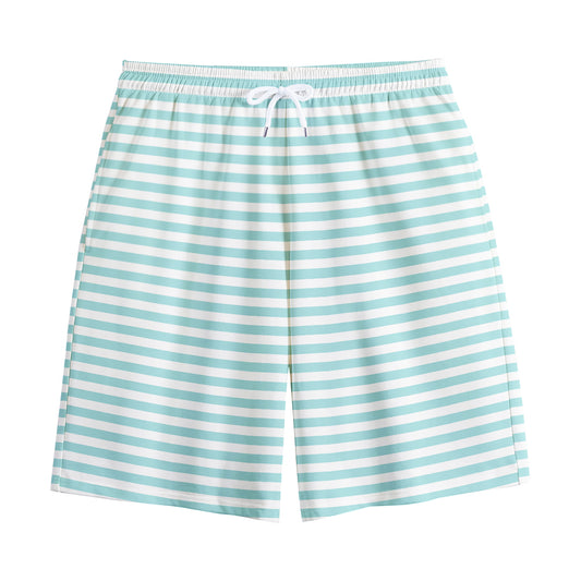 White And Cyan Striped Pattern Print Cotton Shorts