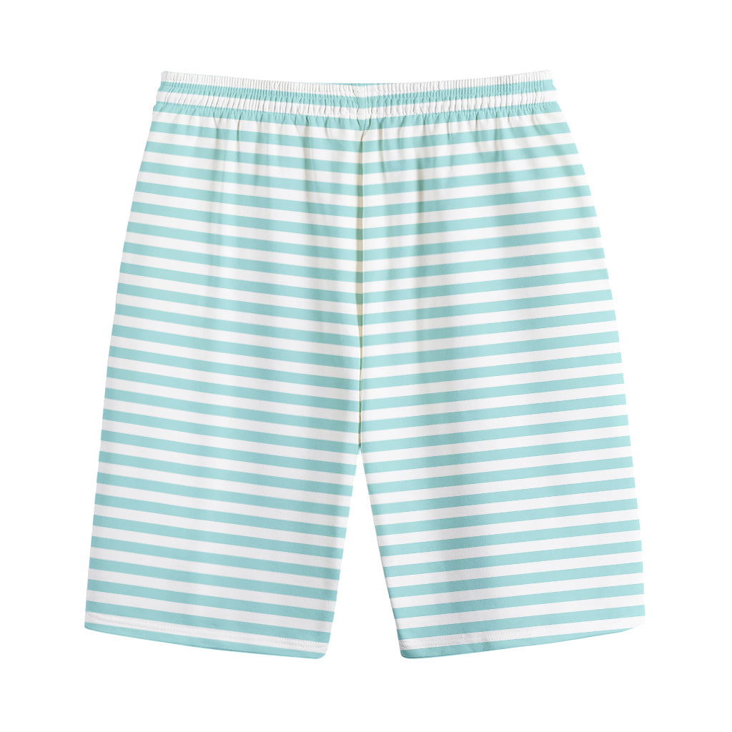 White And Cyan Striped Pattern Print Cotton Shorts