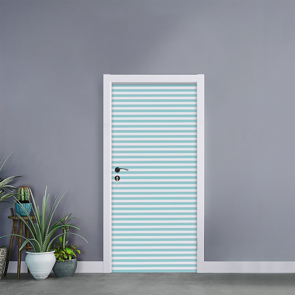 White And Cyan Striped Pattern Print Door Sticker