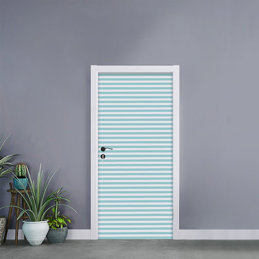 White And Cyan Striped Pattern Print Door Sticker