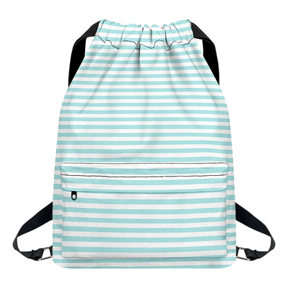 White And Cyan Striped Pattern Print Drawstring Backpack