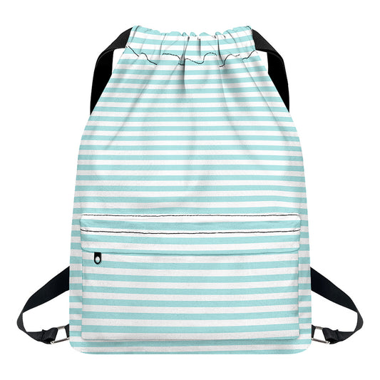 White And Cyan Striped Pattern Print Drawstring Backpack
