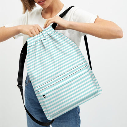 White And Cyan Striped Pattern Print Drawstring Backpack