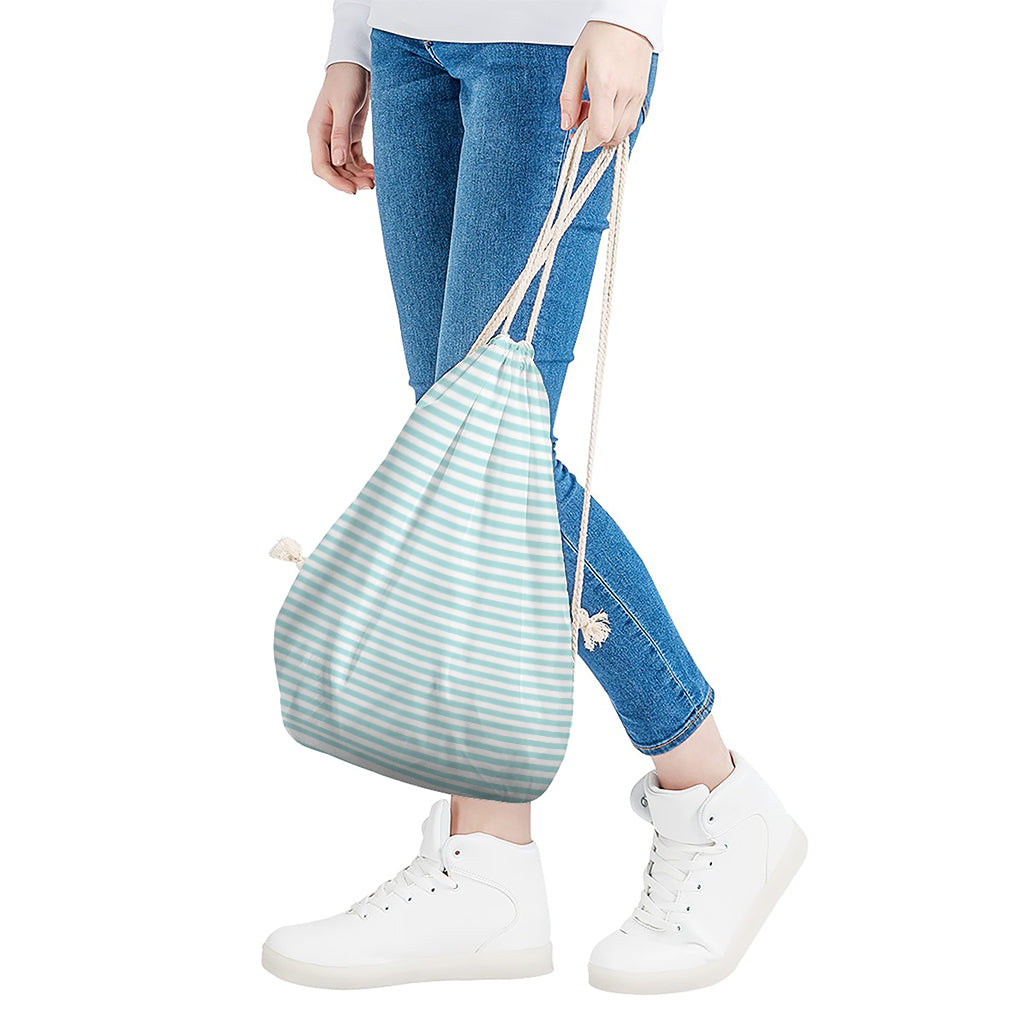 White And Cyan Striped Pattern Print Drawstring Bag