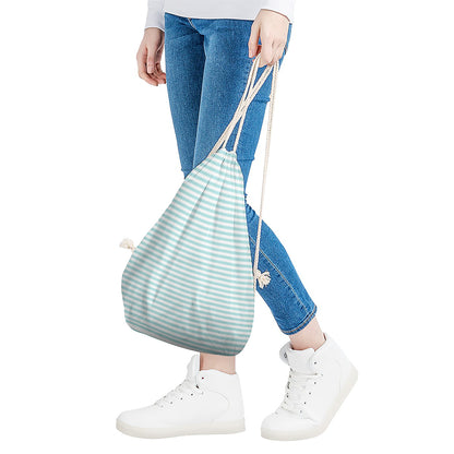 White And Cyan Striped Pattern Print Drawstring Bag