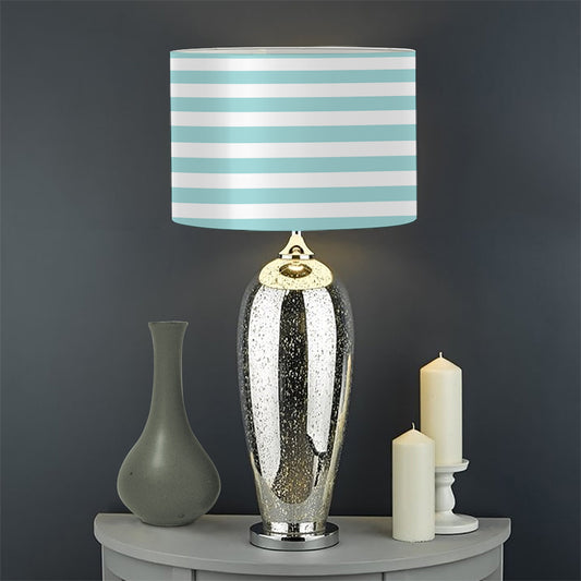 White And Cyan Striped Pattern Print Drum Lamp Shade