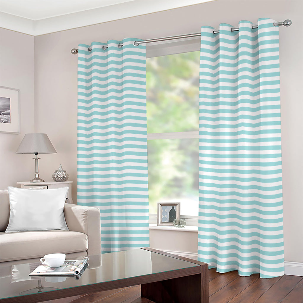 White And Cyan Striped Pattern Print Extra Wide Grommet Curtains