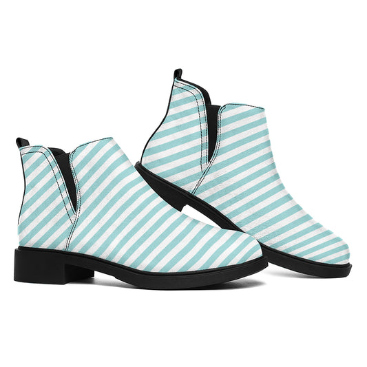 White And Cyan Striped Pattern Print Flat Ankle Boots