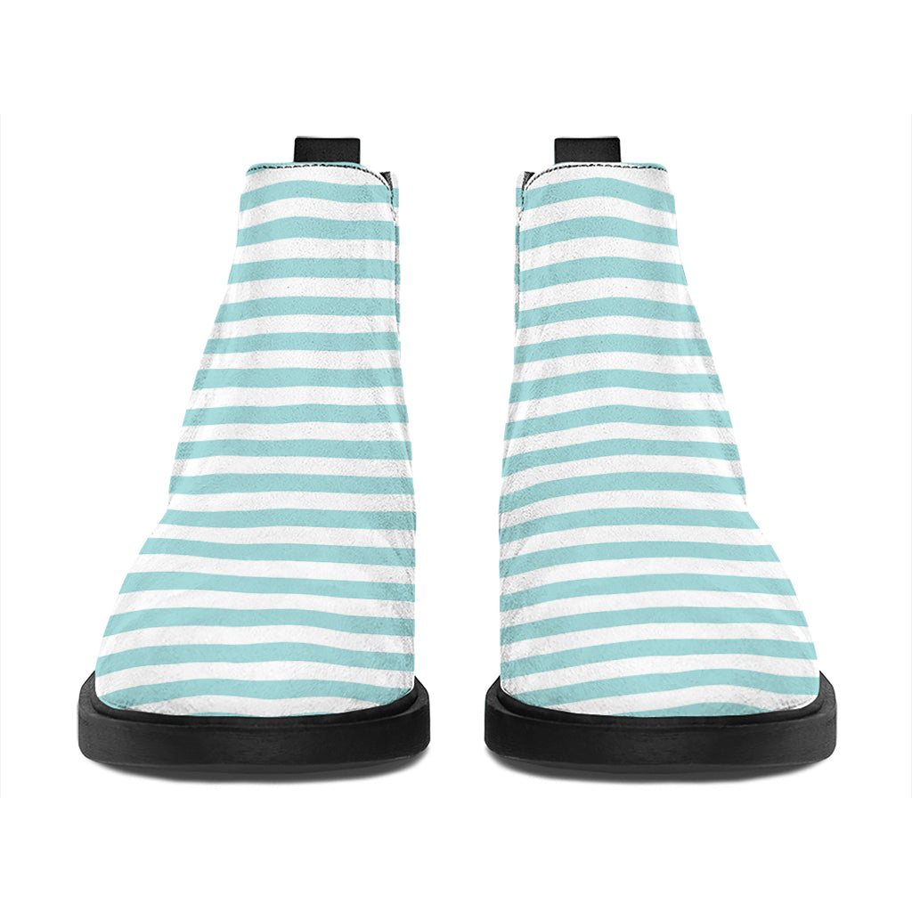 White And Cyan Striped Pattern Print Flat Ankle Boots