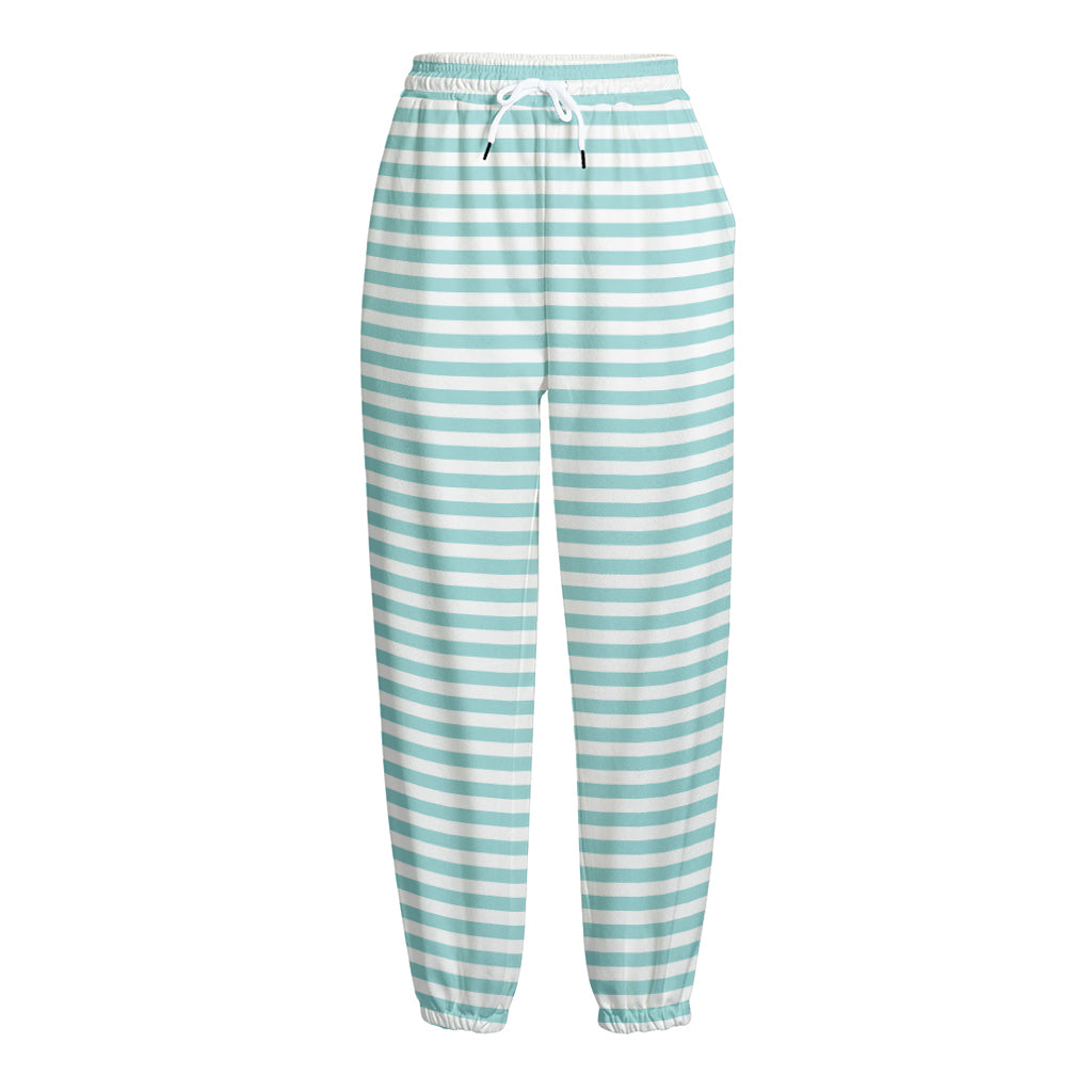White And Cyan Striped Pattern Print Fleece Lined Knit Pants