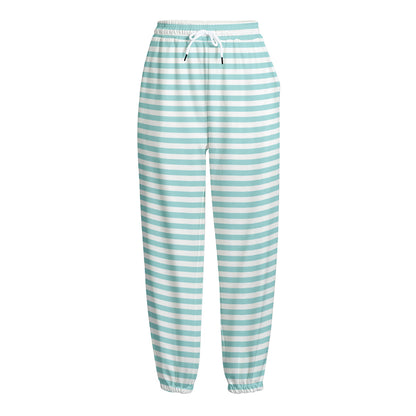 White And Cyan Striped Pattern Print Fleece Lined Knit Pants