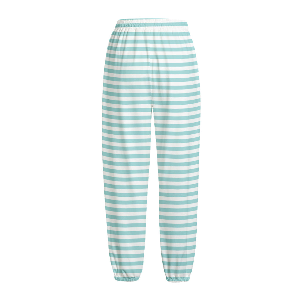 White And Cyan Striped Pattern Print Fleece Lined Knit Pants