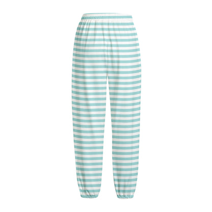 White And Cyan Striped Pattern Print Fleece Lined Knit Pants