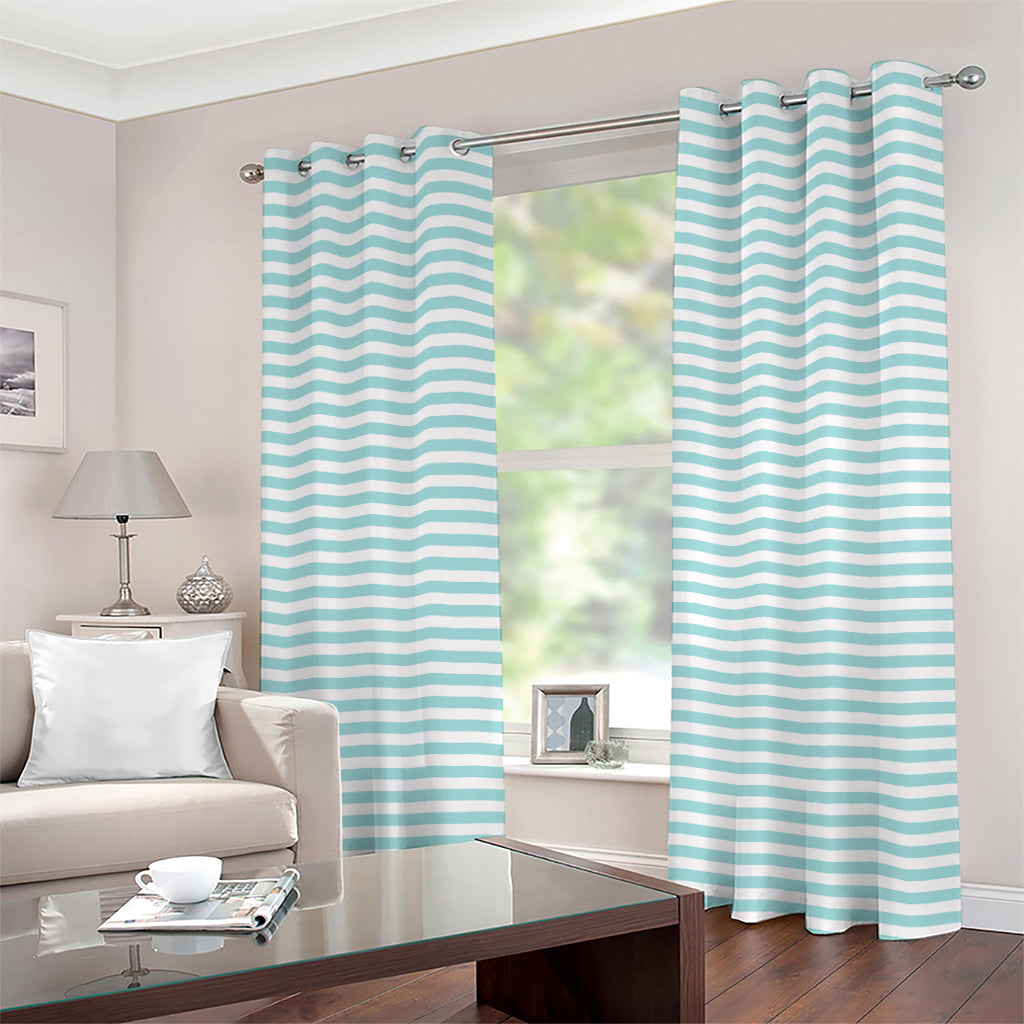 White And Cyan Striped Pattern Print Grommet Curtains