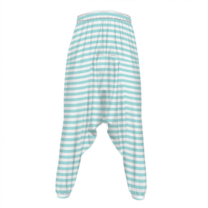 White And Cyan Striped Pattern Print Hammer Pants