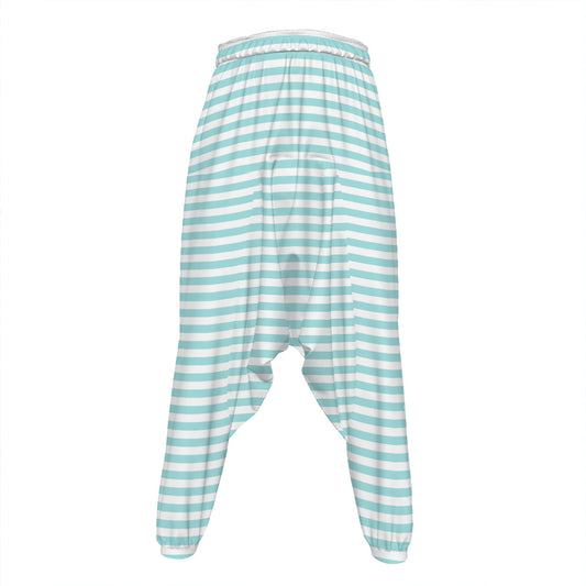 White And Cyan Striped Pattern Print Hammer Pants