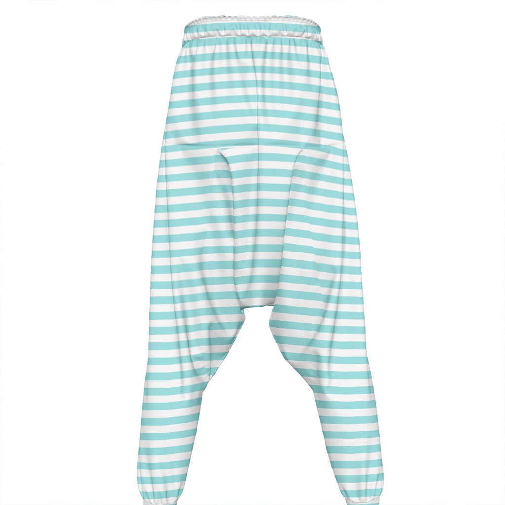 White And Cyan Striped Pattern Print Hammer Pants