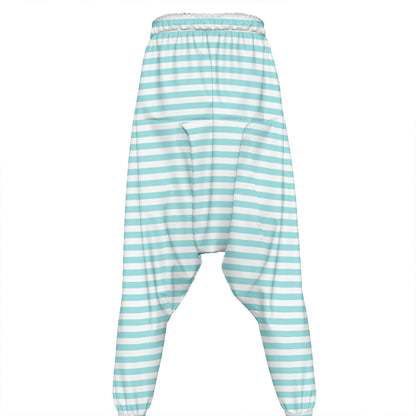 White And Cyan Striped Pattern Print Hammer Pants
