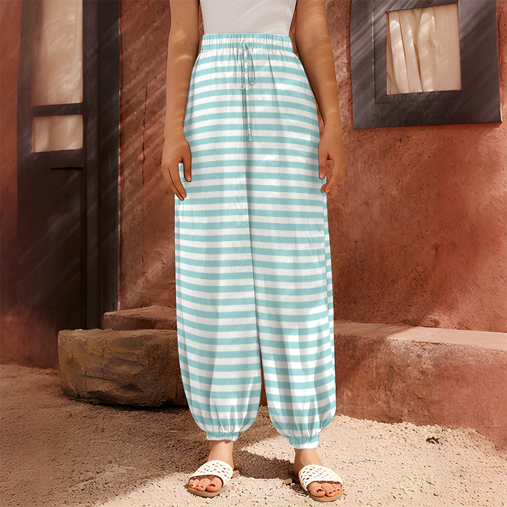 White And Cyan Striped Pattern Print Harem Pants