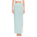 White And Cyan Striped Pattern Print High Slit Maxi Skirt