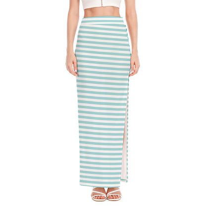 White And Cyan Striped Pattern Print High Slit Maxi Skirt