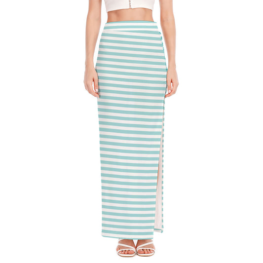 White And Cyan Striped Pattern Print High Slit Maxi Skirt